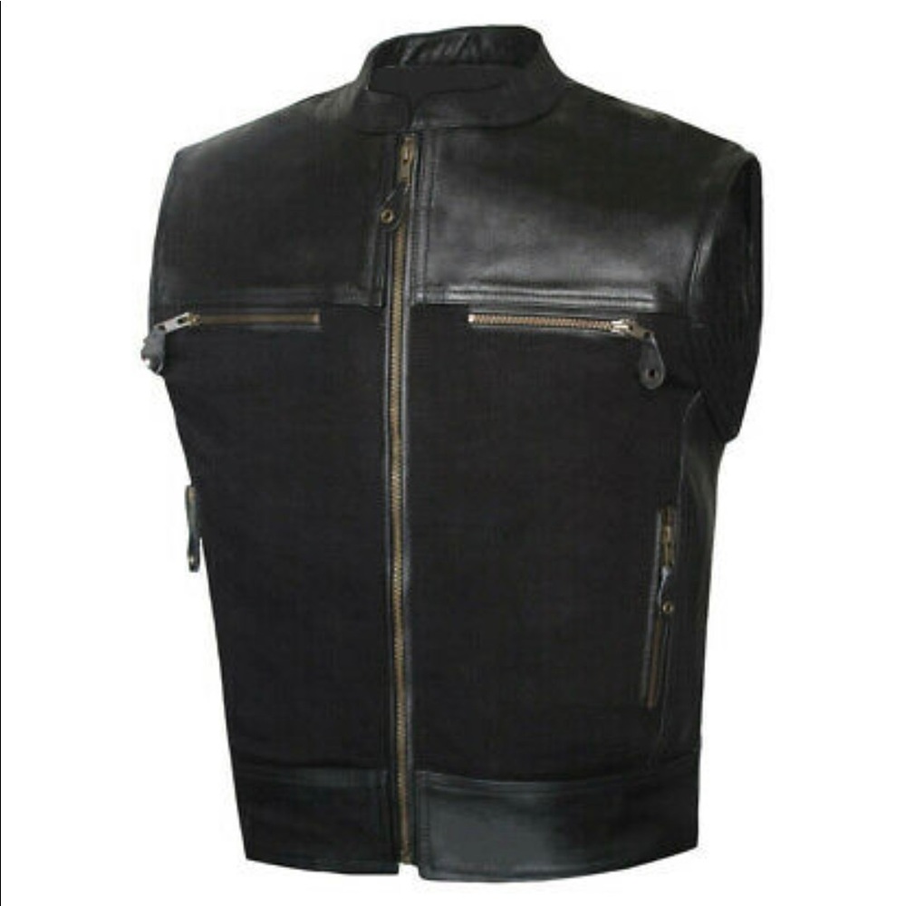 Men Leather Canvas Biker Style Vest Conceal Carry